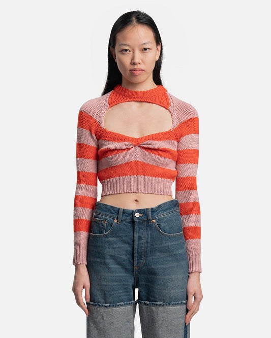 Marni Women Sweaters Striped Wool Cable Knit Cardigan in Cinder Rose