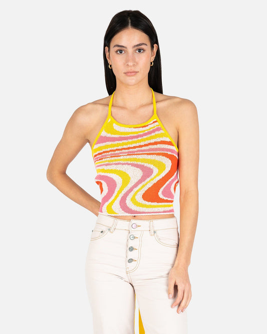 Andersson Bell Women Tops Summer Jacquard Halter Knit Top in Lemon/Pink