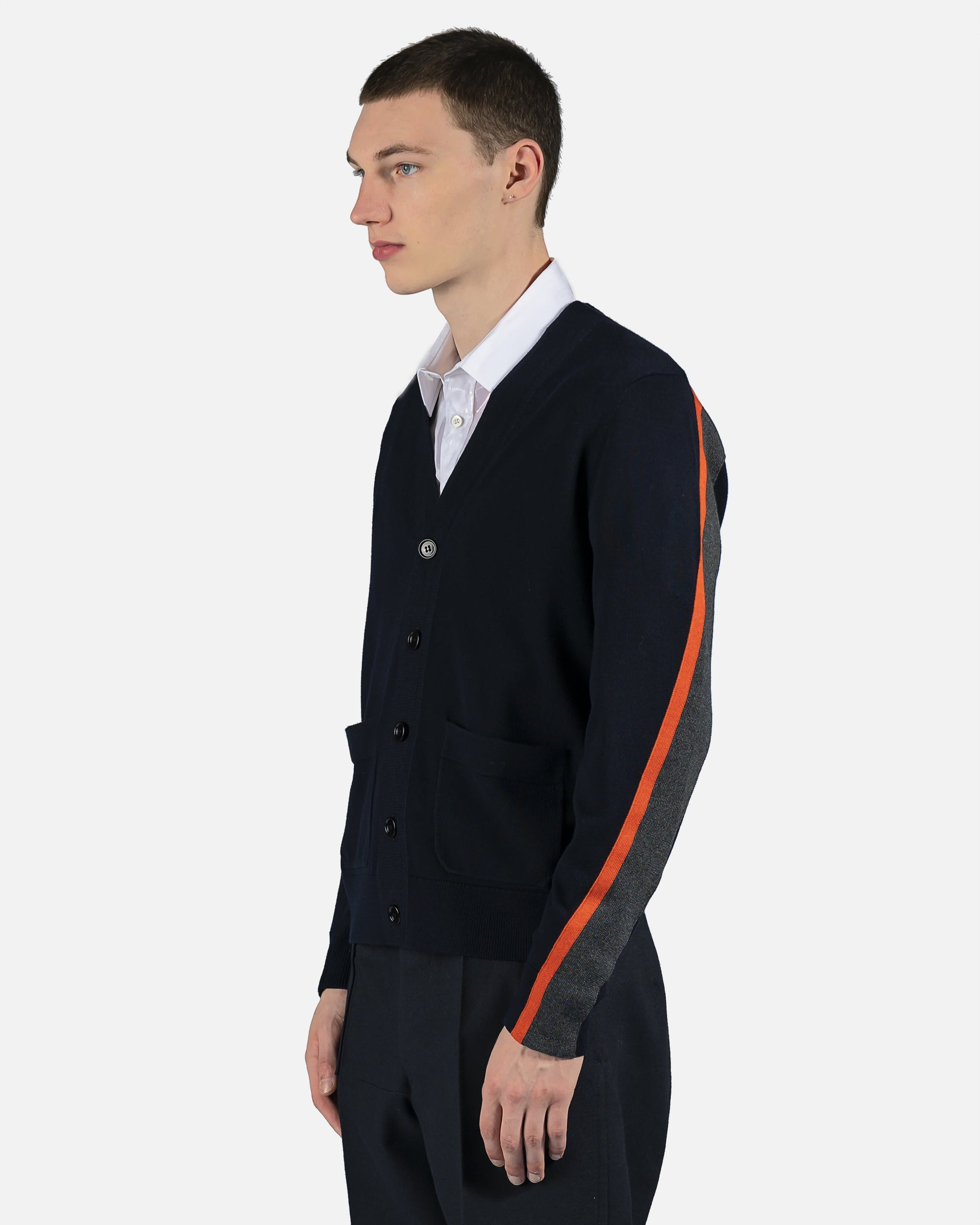 Dries Van Noten mens sweater Tapers Striped Cardigan in Navy/Orange