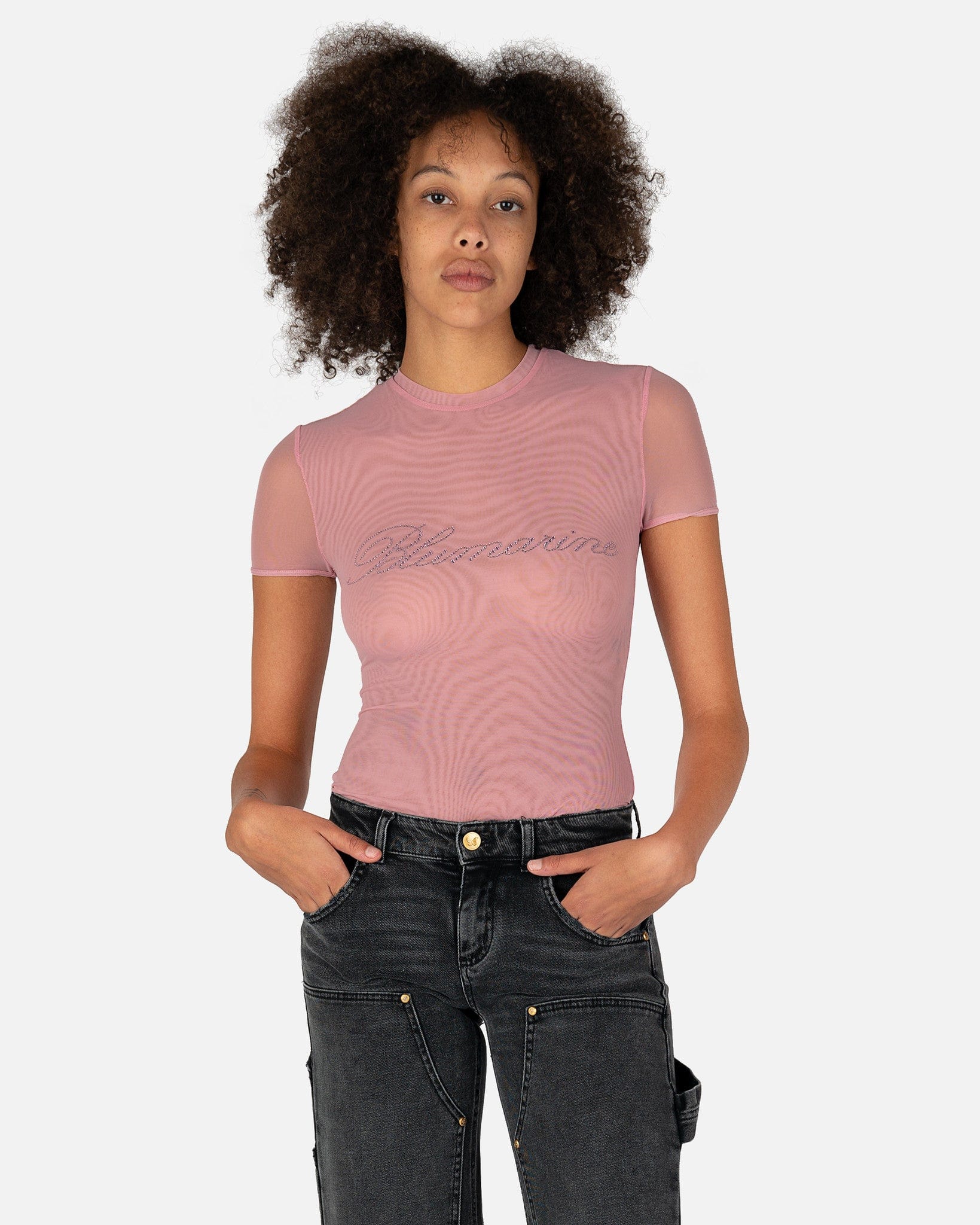 Blumarine Women T-Shirts Tulle T-Shirt with Rhinestone Logo in Pink