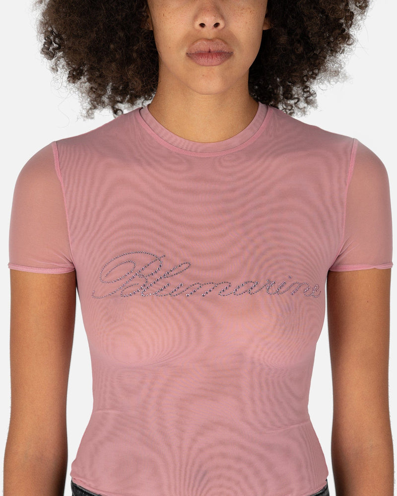 Blumarine Women T-Shirts Tulle T-Shirt with Rhinestone Logo in Pink