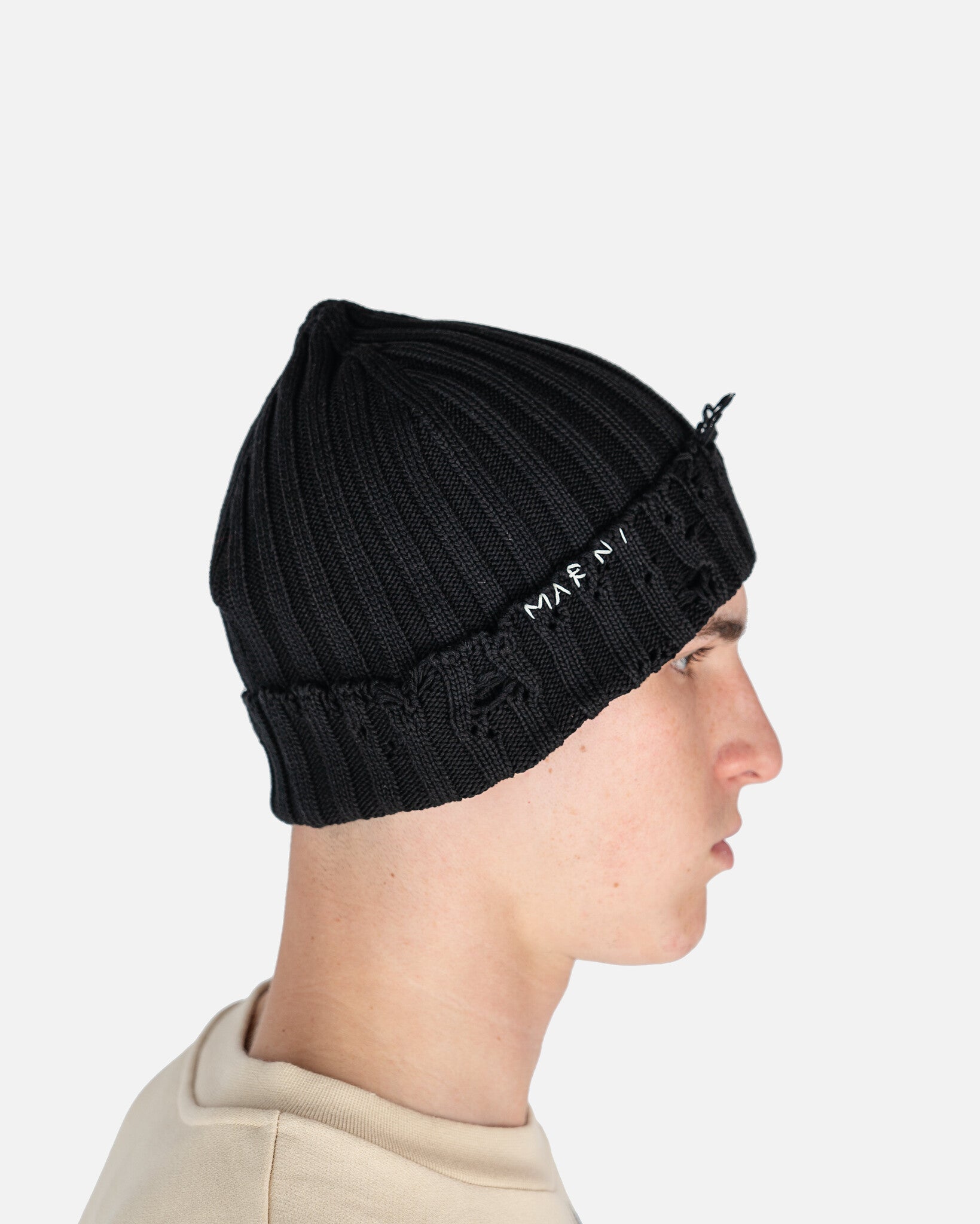 Marni Men's Hats Unfinished Edge Cotton Beanie in Black