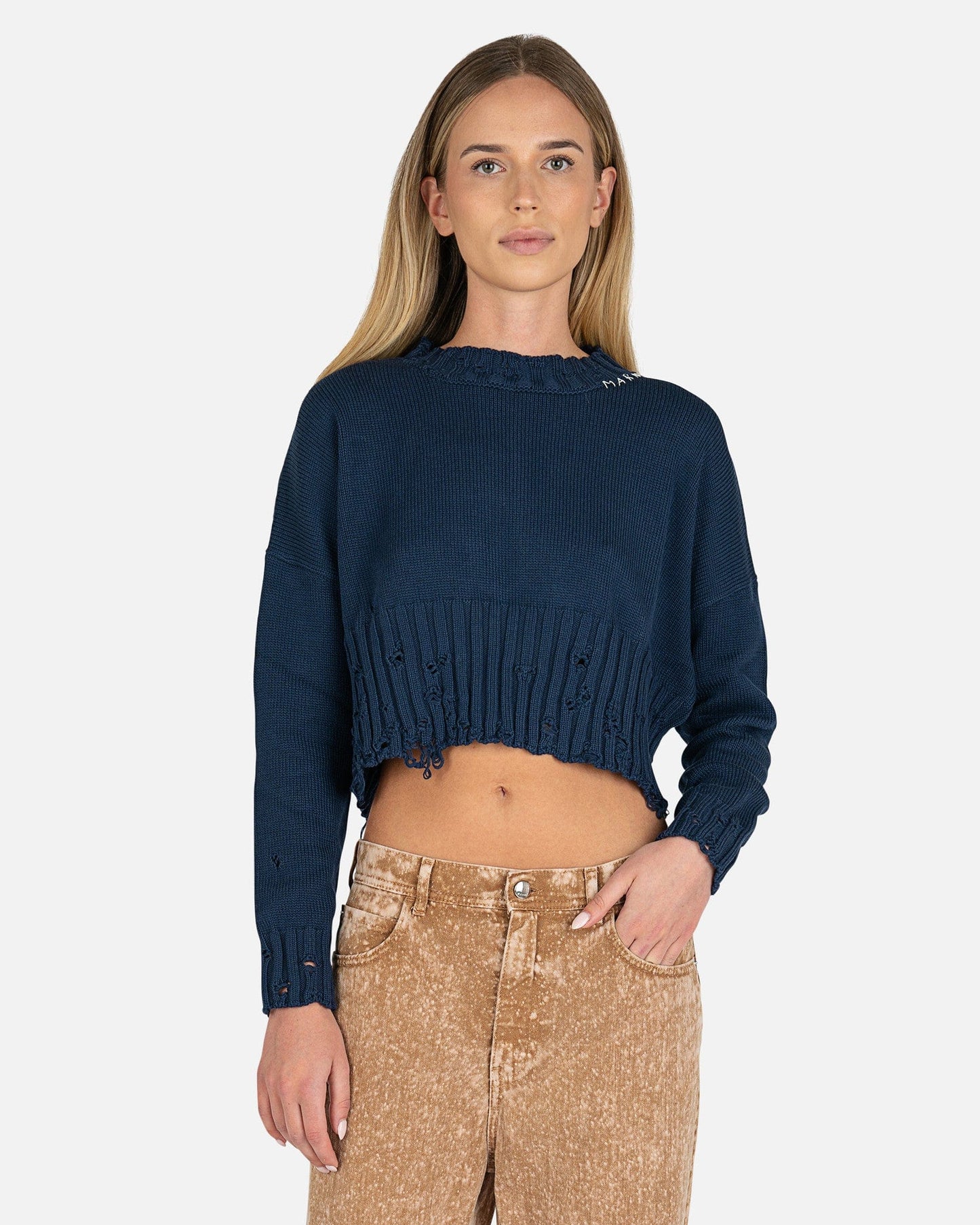 Marni Women Sweaters Unfinished Edge Cotton Sweater in Cornflower