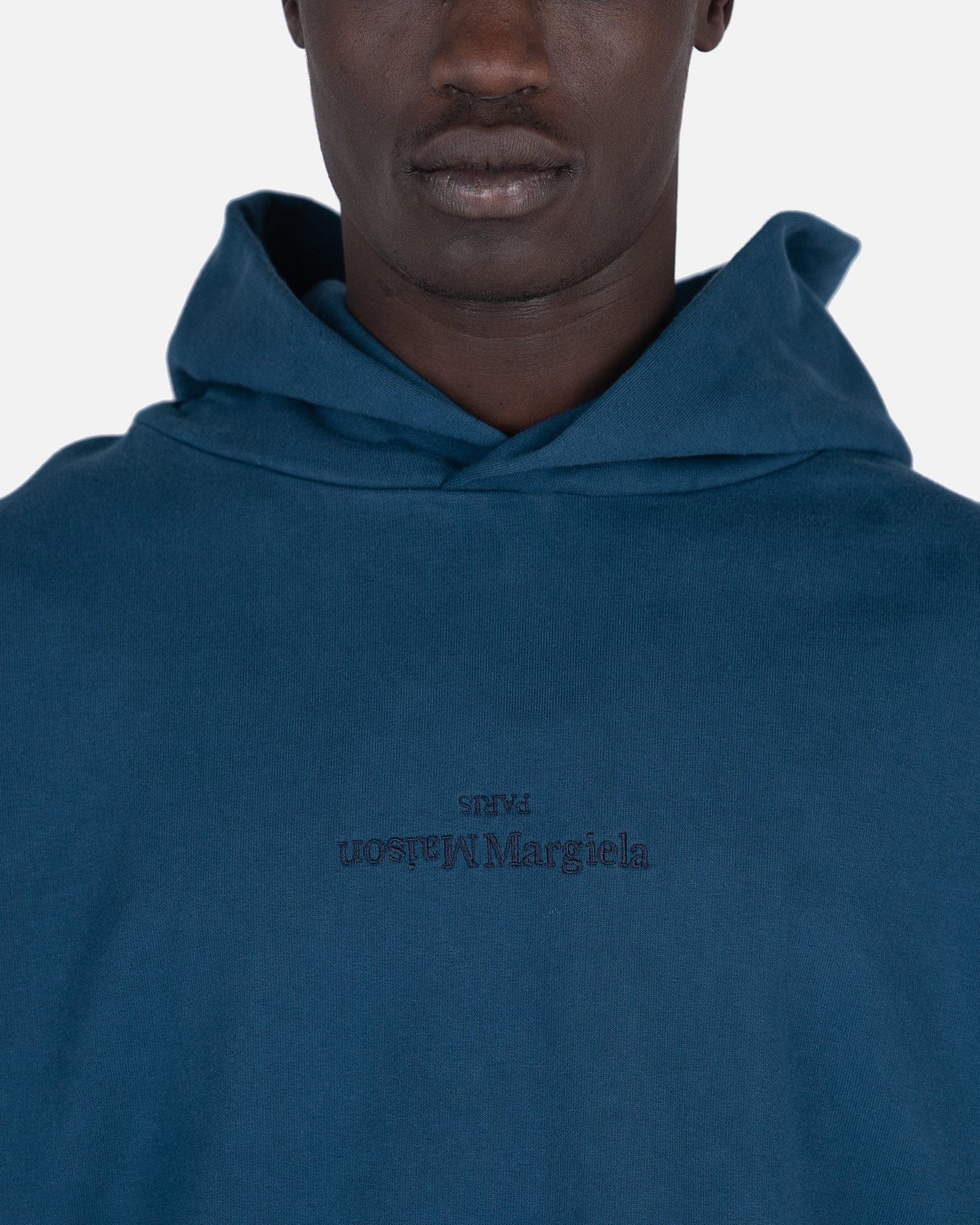 Maison Margiela Men's Sweatshirts Upside Down Logo Hooded Sweatshirt in Petrol