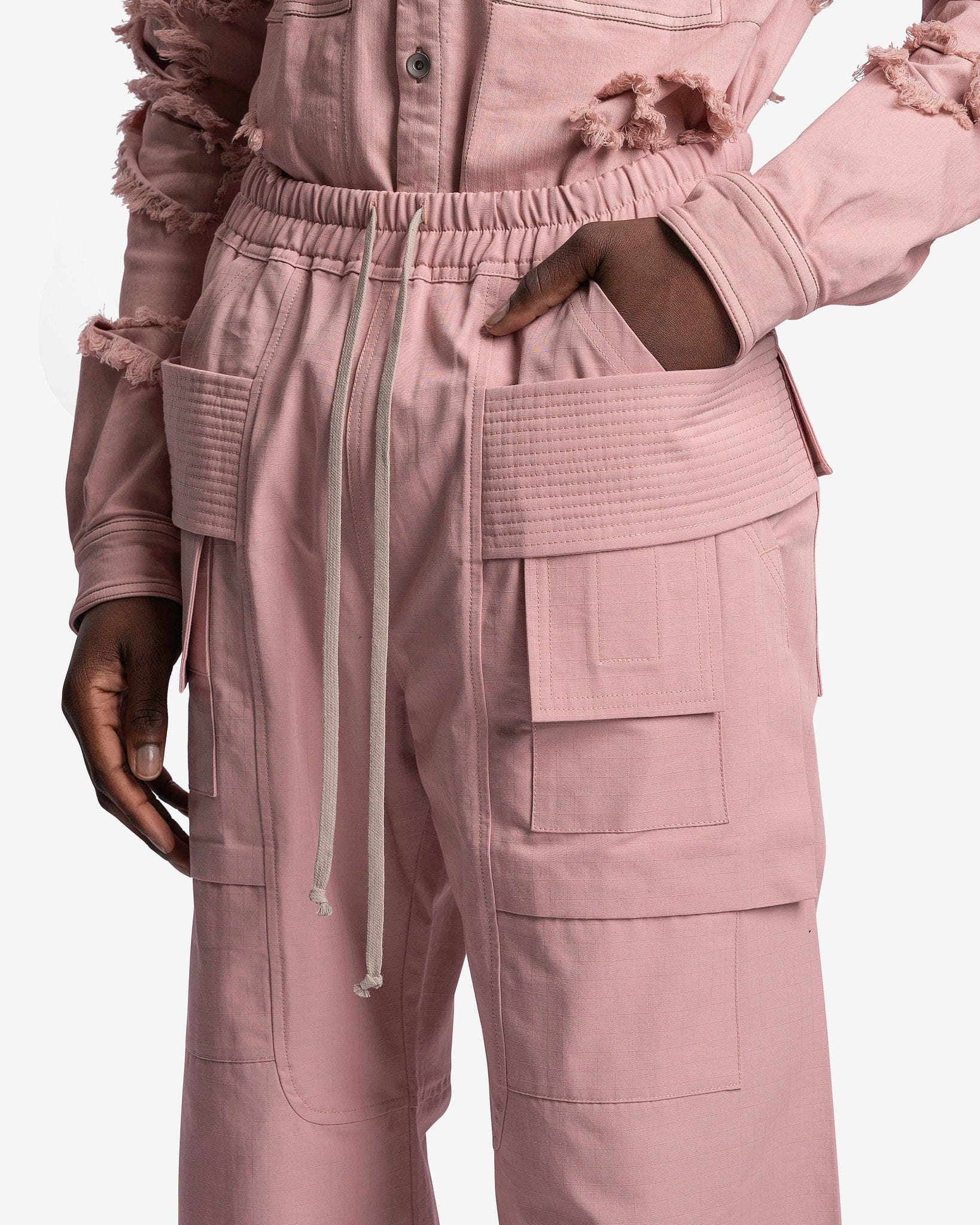 Rick Owens DRKSHDW Men's Pants Wide Leg Creatch Cargo Drawstring in Faded Pink