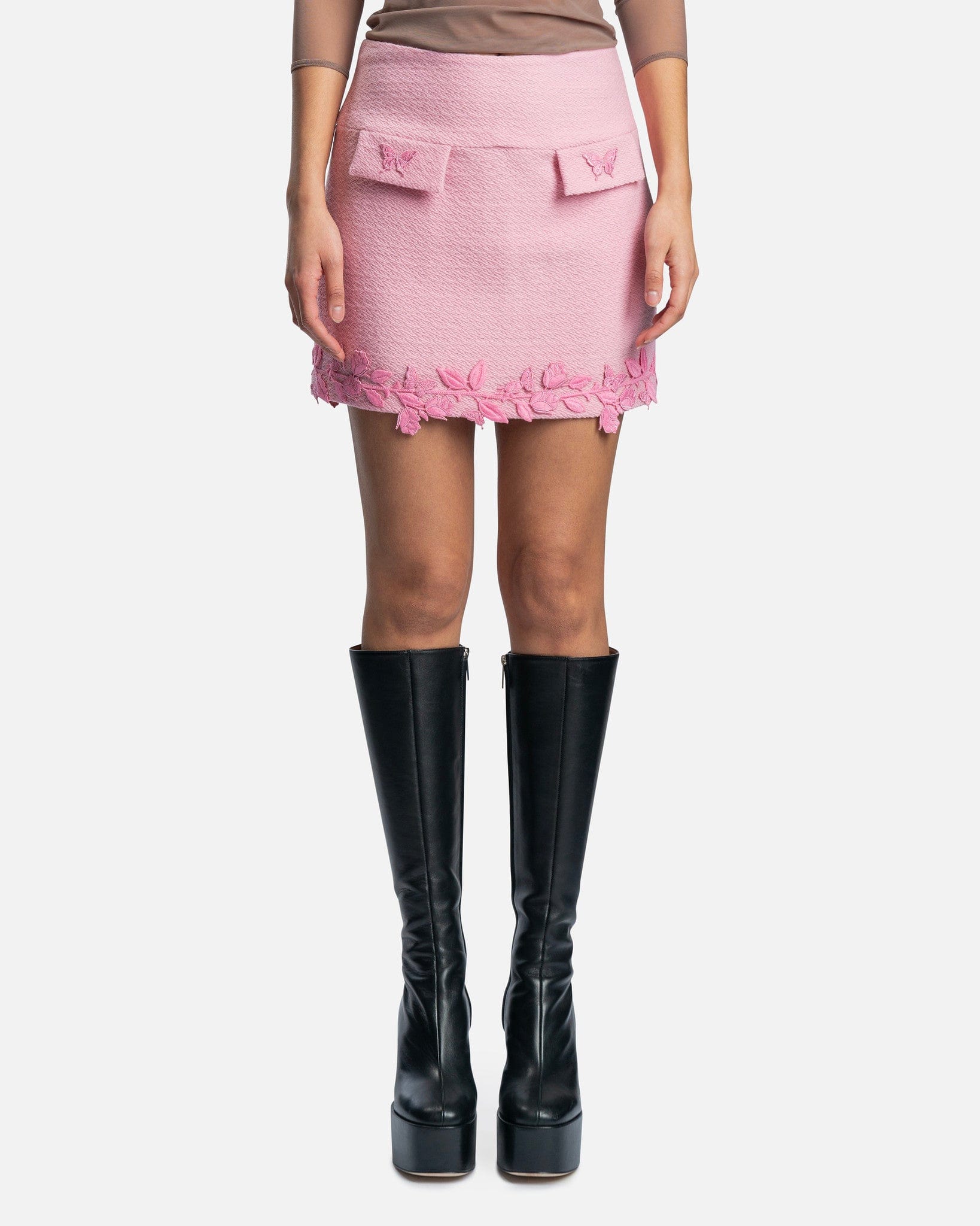 Blumarine Women Skirts Wool Mini Skirt with Embroidered Macrane in Pink