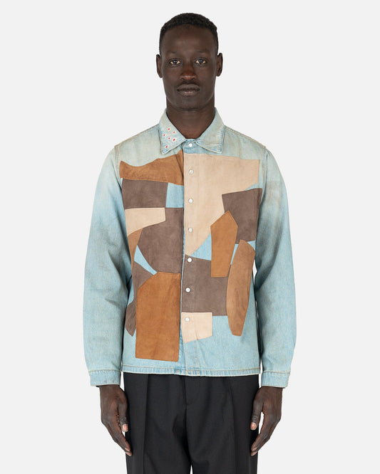 ERL Men's Shirts Woven Leather Patchwork Shirt in Light Blue