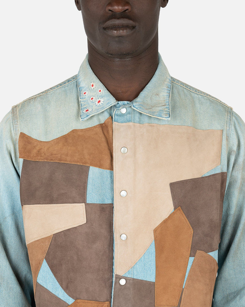 ERL Men's Shirts Woven Leather Patchwork Shirt in Light Blue