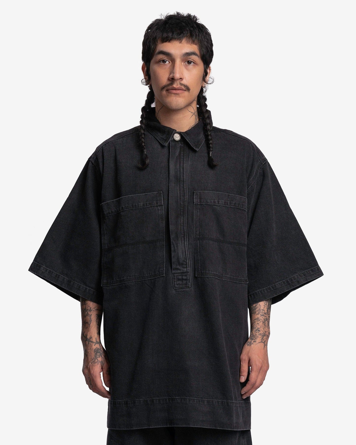 Willy Chavarria Men's Shirts Zip Placket SS Shirt in Washed Black