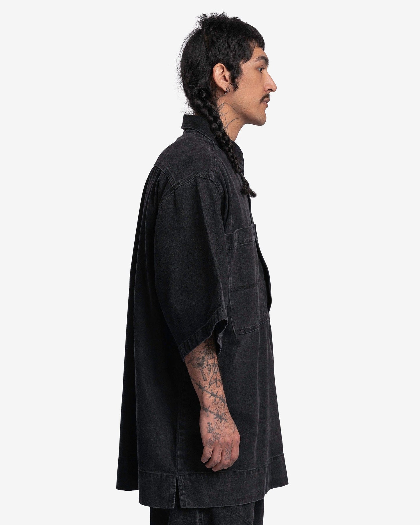 Willy Chavarria Men's Shirts Zip Placket SS Shirt in Washed Black