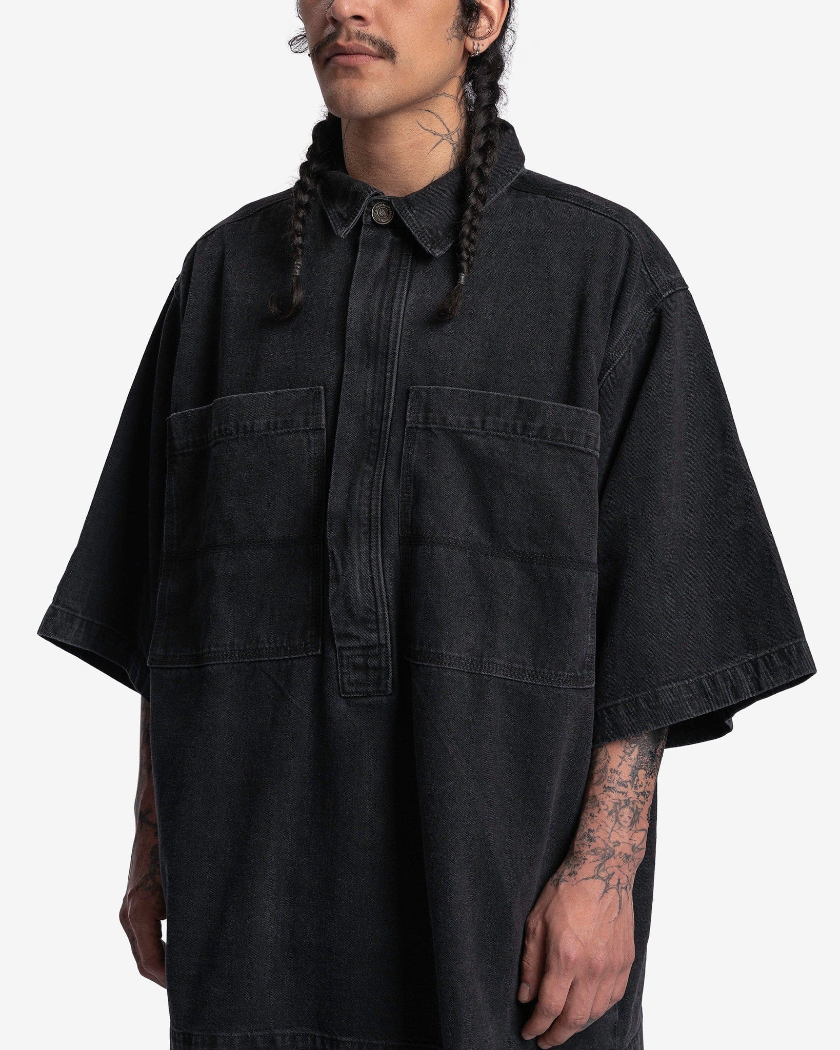 Willy Chavarria Men's Shirts Zip Placket SS Shirt in Washed Black